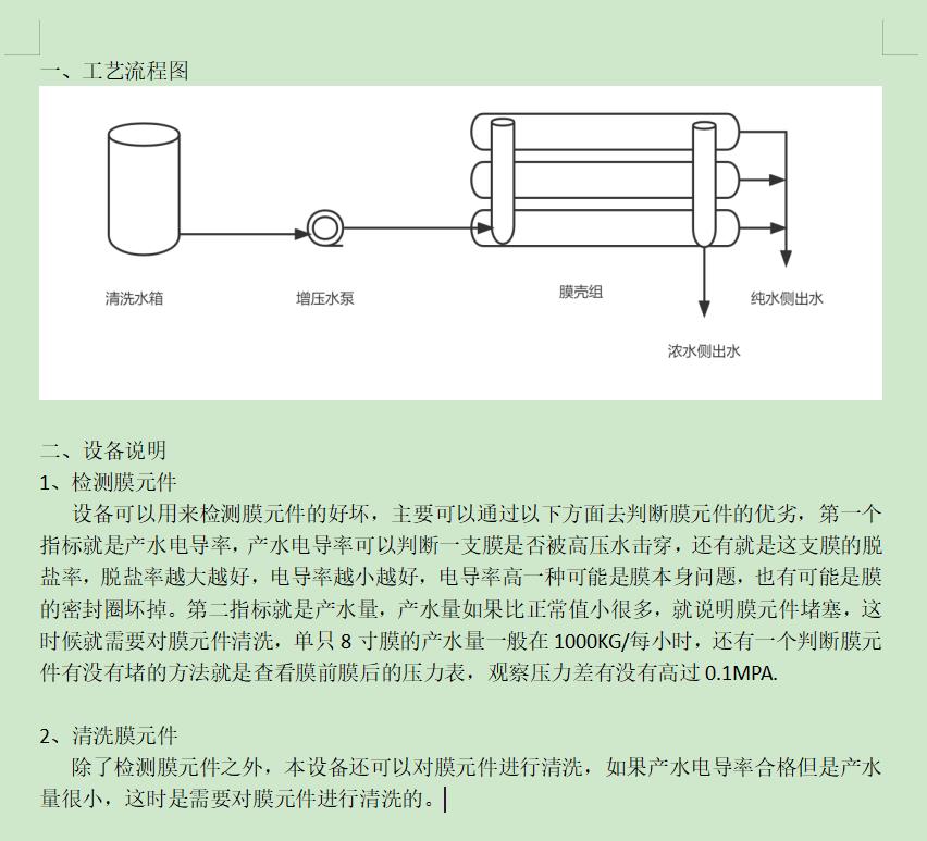 大庆ro洗膜机工艺流程图及工艺说明